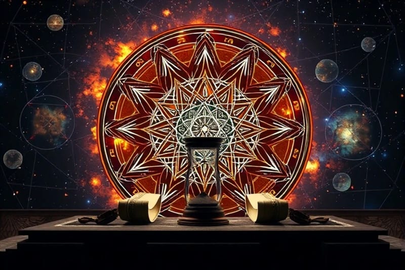 Render 3D de objetos simbólicos en un altar de piedra: un pergamino desenrollado con escritura esotérica, un espejo de obsidiana que refleja una imagen distorsionada pero clara, y un reloj de arena de cristal con arena fluyendo hacia arriba. Fondo con vórtice cósmico, iluminación dramática.