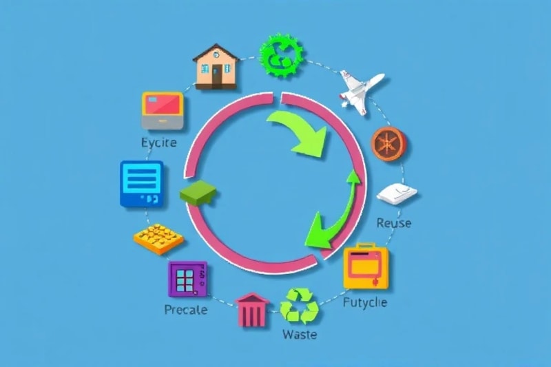 Diagrama conceptual de la economía circular con flechas interconectadas que representan el flujo de materiales desde el diseño hasta el reciclaje y la regeneración.