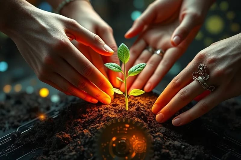 Manos diversas plantando una plántula en tierra fértil, con elementos tecnológicos y engranajes sutilmente integrados, simbolizando la fusión de la naturaleza y la tecnología para el crecimiento regenerativo.