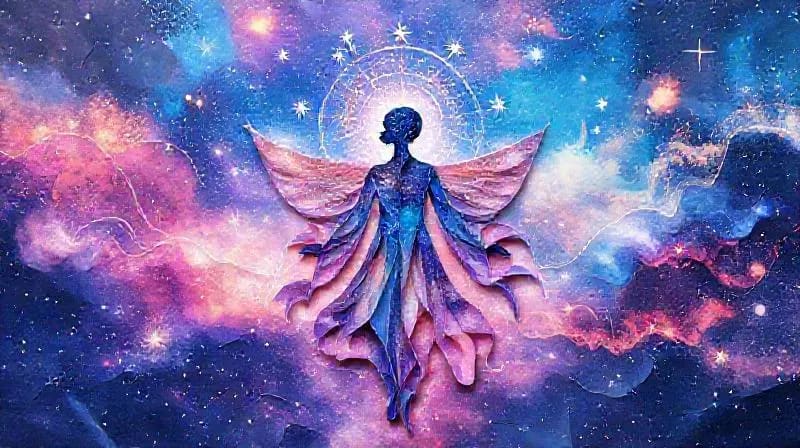 Human silhouette connected to cosmos, manifesting thoughts as colorful energy forms