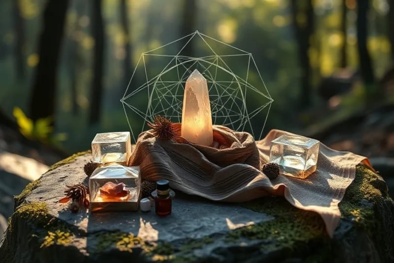 Arrangement of crystals, essential oils, and meditation cushion on moss-covered stone, symbolizing energy healing tools and nature's influence.