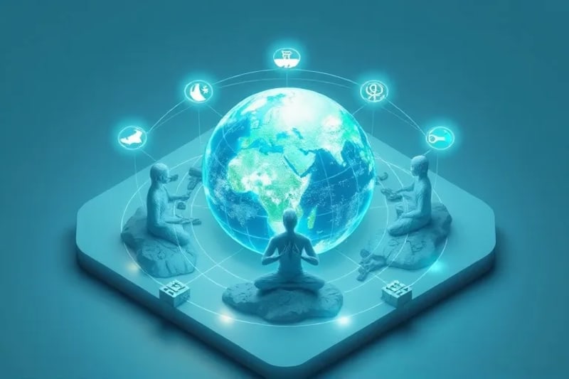 Abstract 3D render of Earth's energy grid with glowing lines and nodes, connecting natural landmarks and translucent human figures in meditative poses.