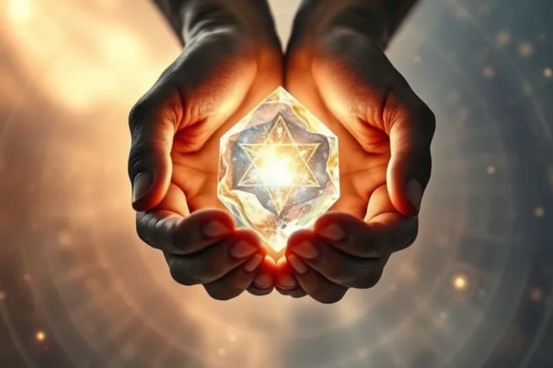 Manos entrelazadas, una oscura y otra luminosa, sosteniendo un cristal brillante, simbolizando la unión de la sombra y la luz en la psique.