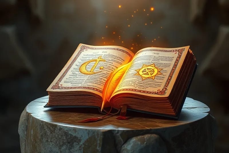 Objetos simbólicos de diferentes religiones entrelazados con hilos luminosos, sobre una superficie pulida.
