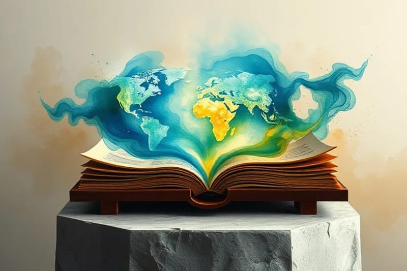 Pintura abstracta con colores que se fusionan, representando la interconexión global y la armonía cósmica.