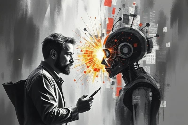 Oil painting of a debate between human and AI