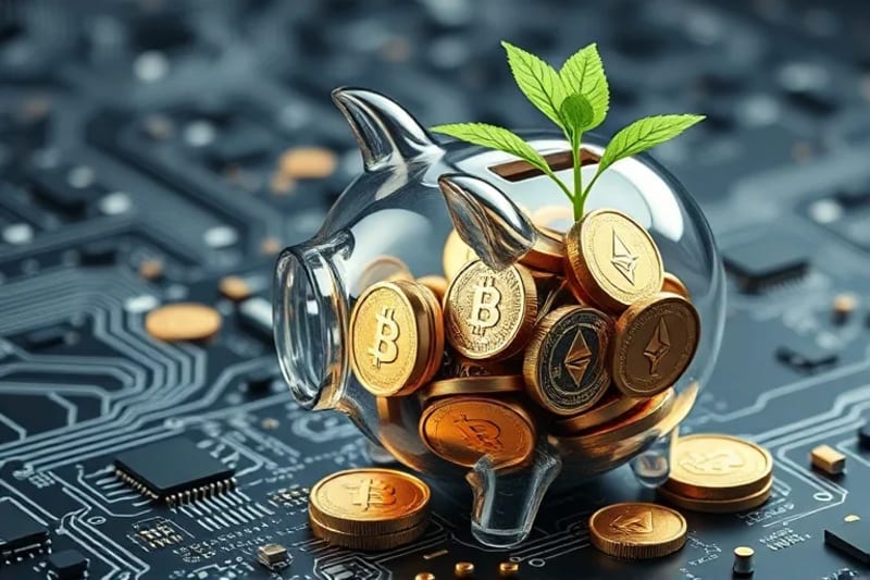 Hucha estilizada de bloques de blockchain con monedas digitales y una planta brotando de monedas físicas.