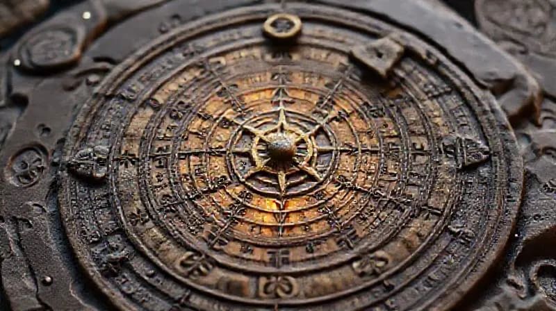 Ancient astrolabe with esoteric symbols and AI patterns, reflecting celestial mechanics