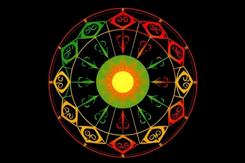 An abstract digital art piece showing the five elements (Wood, Fire, Earth, Metal, Water) in a dynamic, interlocking pattern, representing their interconnected energy flows.