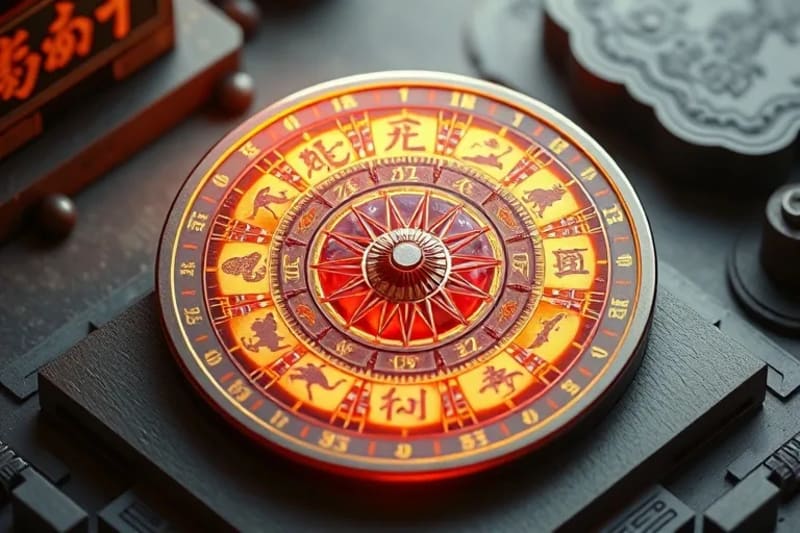 A detailed 3D render of a traditional Chinese Lo Pan compass, overlaid with a subtle, glowing energy grid, pointing towards symbolic representations of zodiac animals and elemental symbols.