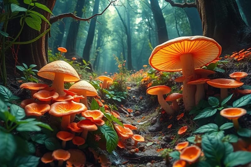 Pintura acuarela de un bosque sereno con hongos y plantas