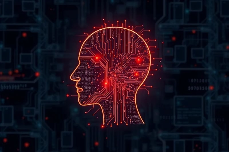 Ilustración abstracta de una cabeza humana con un escudo digital protegiendo los pensamientos y datos neuronales