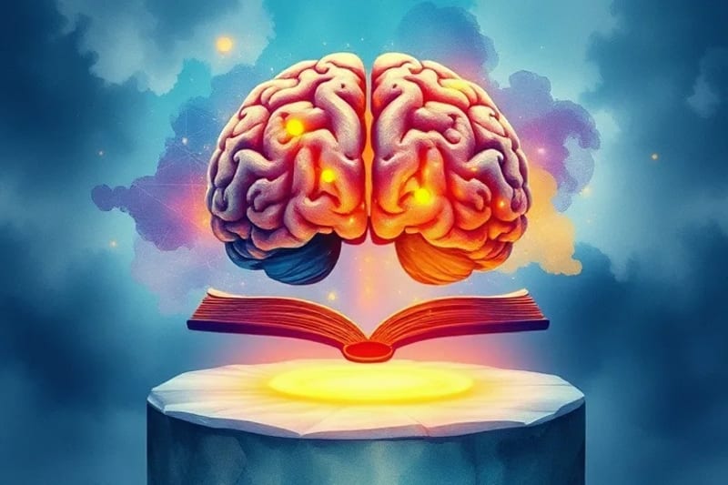 Ilustración abstracta de ondas sonoras formando un cerebro, colores relajantes