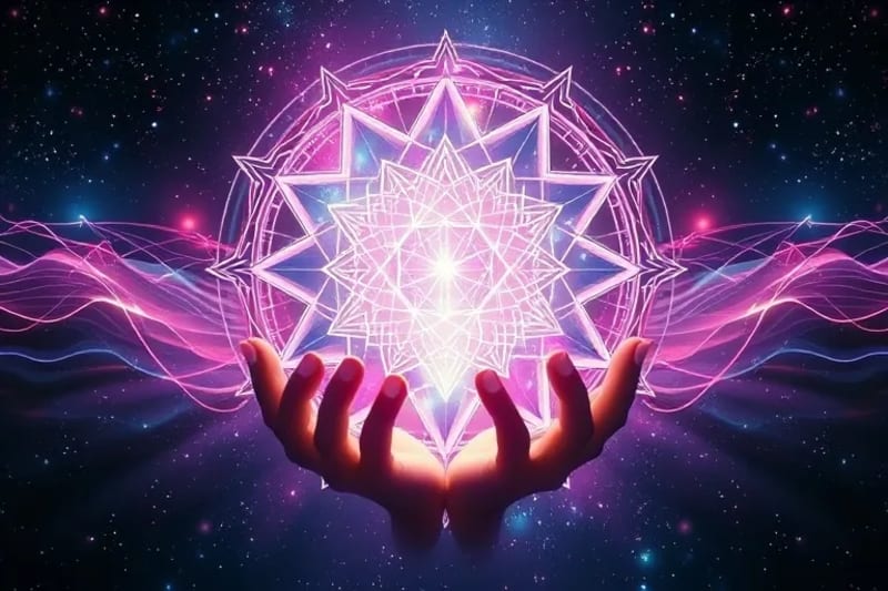 Dynamic digital painting of iridescent sound waves forming geometric patterns, with hands channeling energy