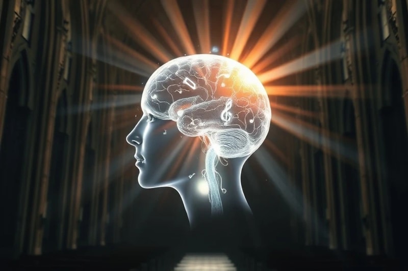 Render 3D de cabeza humana transparente con notas musicales y vías neuronales