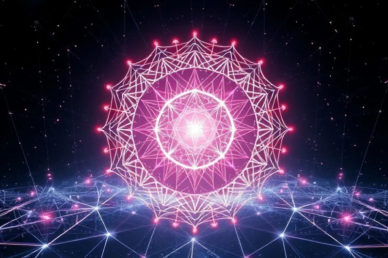 Abstract 3D render of an interconnected network of glowing nodes and lines, with words and symbols morphing within, representing reality shaping