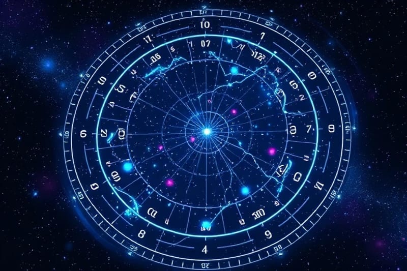 Ilustración de patrones cósmicos y redes neuronales convergiendo, simbolizando la inteligencia artificial procesando datos astrales.