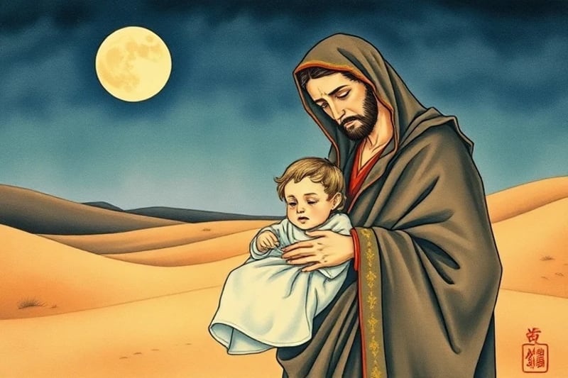 Pintura acuarela de la Sagrada Familia huyendo a Egipto, con María y José mostrando preocupación mientras protegen al Niño Jesús.