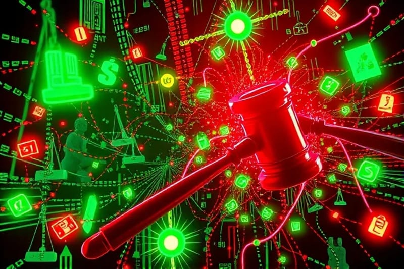 Red de símbolos digitales y mazos legales chocando con nodos de blockchain