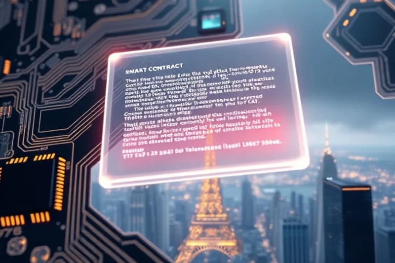 Contrato inteligente transparente flotando sobre una ciudad futurista