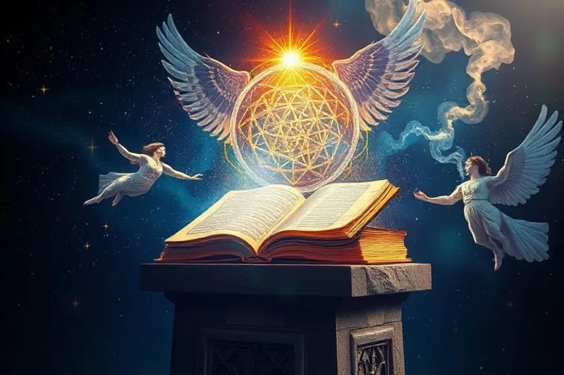 Intrincados patrones de geometría sagrada como la Flor de la Vida y el Cubo de Metatrón, emergiendo de una nebulosa cósmica brillante, simbolizando los planos divinos de la creación.