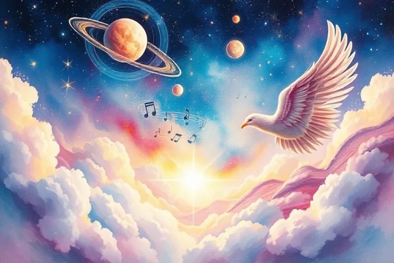 Ilustración acuarela de un paisaje cósmico sereno, donde notas musicales celestiales y ondas de luz se entrelazan suavemente con órbitas planetarias y alas angelicales, transmitiendo una sensación de armonía universal.