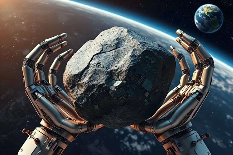Conceptual still-life of an asteroid fragment cradled by robotic arms, intertwined with legal scrolls, symbolizing the intersection of technology, resources, and law.