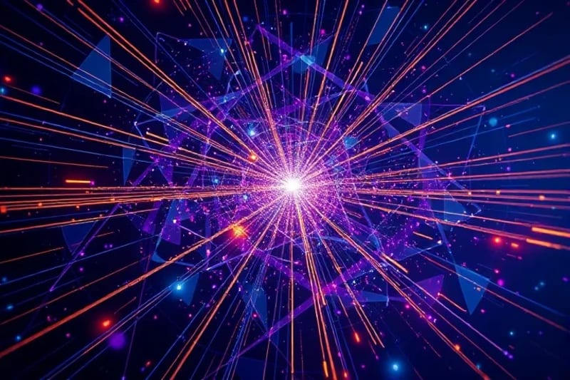 Abstract art representing legal principles colliding with cosmic expansion, geometric shapes in blues and purples with golden streaks, illustrating complex space resource governance.