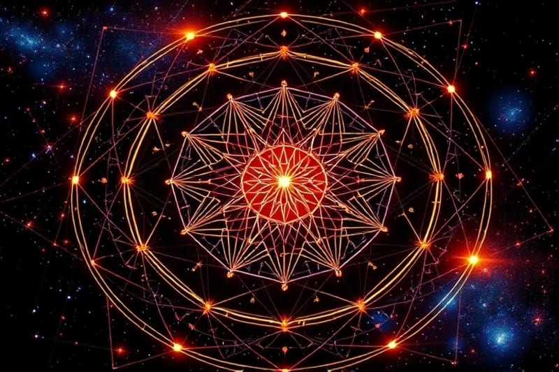 Representación abstracta de una red neuronal o blockchain con nodos interconectados, integrando órbitas planetarias y constelaciones zodiacales.
