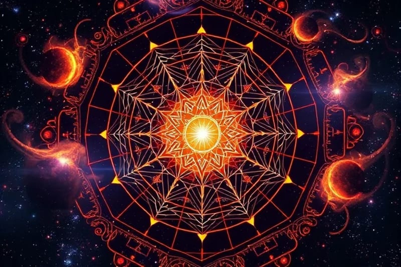 Un orbe brillante que representa un planeta virtual, rodeado de anillos de datos y patrones algorítmicos, con cartas astrológicas y código binario en su interior.