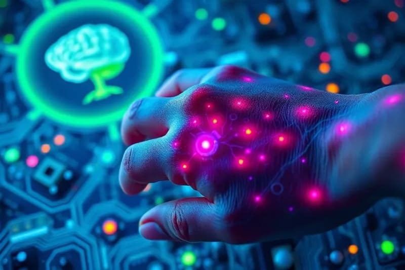 Mano humana con sutiles circuitos brillantes bajo la piel interactuando con una interfaz digital que muestra código genético, con símbolos de optimización biológica.