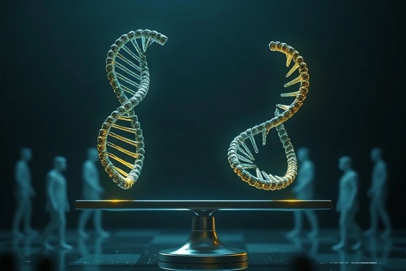 Representación abstracta de dilemas éticos en ingeniería genética, con dos estructuras de doble hélice entrelazadas en una balanza, una natural y otra artificial, y figuras humanas debatiendo.