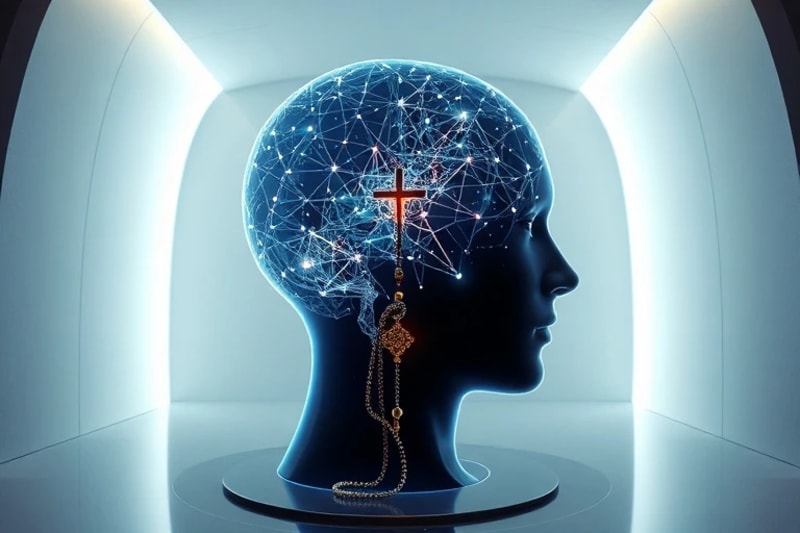 Silueta de cabeza humana con redes neuronales, interactuando con rosario holográfico