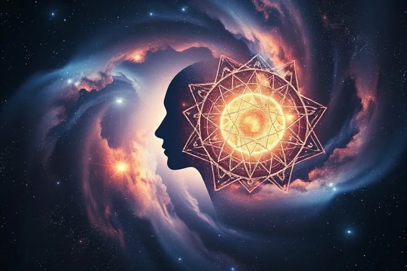 Cosmic nebula forming a human profile with astrological symbols, representing the intersection of cosmos and psyche.