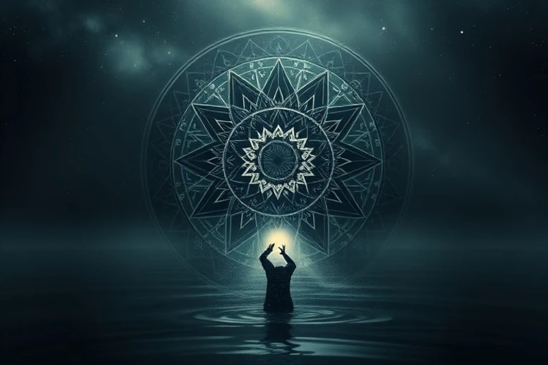 Fragmented, shadowy figure emerging from murky water towards light, symbolizing the unconscious and unacknowledged aspects of the self with astrological glyphs.