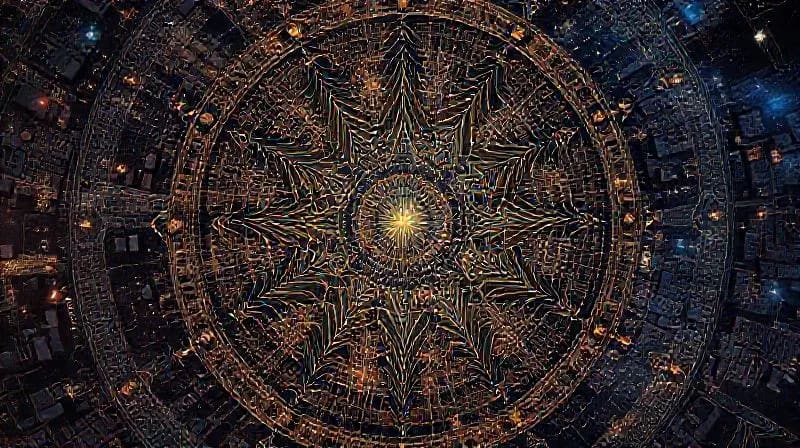Astrological charts overlaid on a city map showing celestial influence