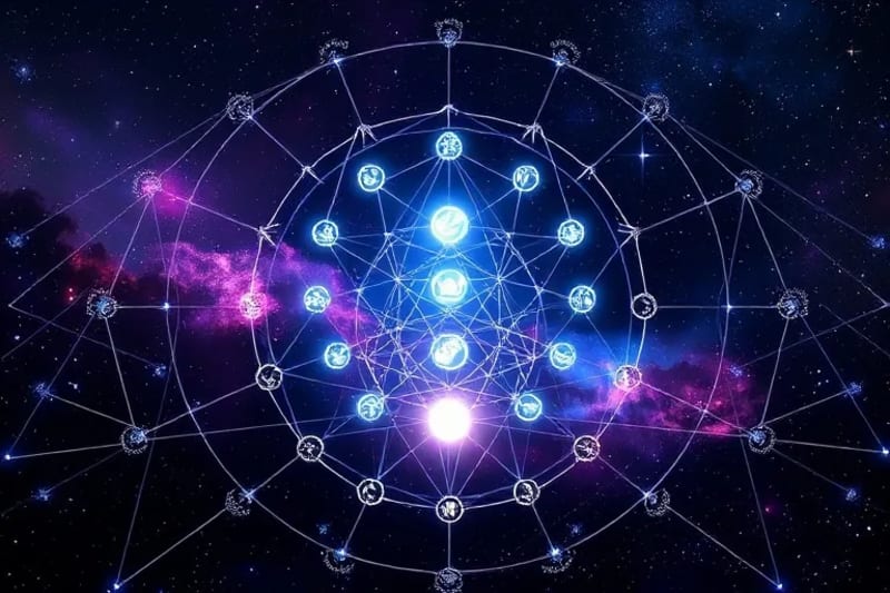 Render 3D abstracto de líneas de energía y formas geométricas interconectadas, representando el flujo entre chakras y zodiaco, con esferas de luz pulsantes y glifos astrológicos.