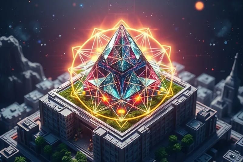 Crystal grid on a miniature city model, emitting harmonious light