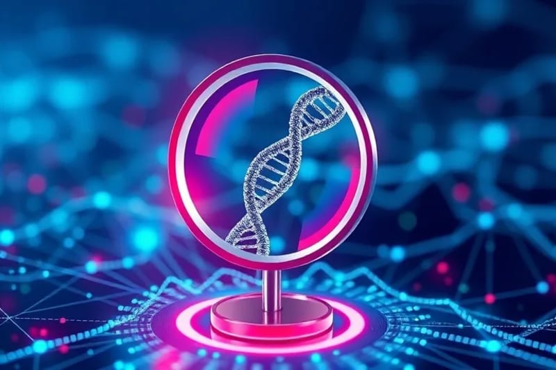 Representación abstracta del flujo de datos y símbolos éticos en la medicina predictiva.