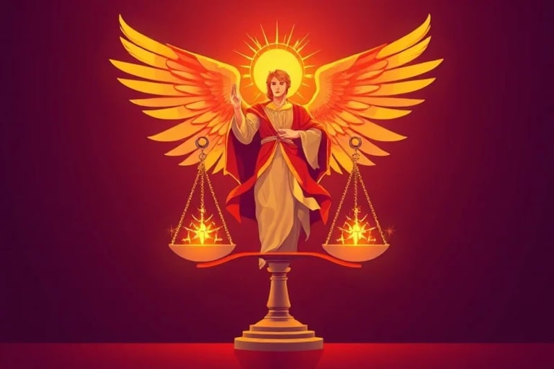 Representación simbólica de una balanza digital, con datos puros y corrompidos, iluminada por una luz divina.