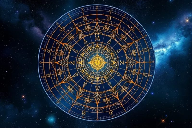 Intricate digital painting of cosmic gears and astrological charts