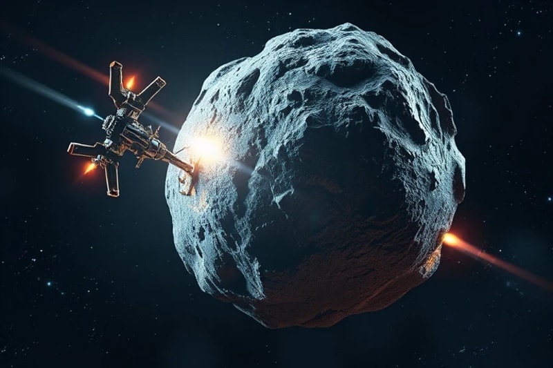Primer plano de un asteroide siendo minado por drones robóticos, con haces de energía brillantes extrayendo minerales. El fondo es el espacio profundo, oscuro y lleno de estrellas, destacando el potencial de los recursos extraterrestres.