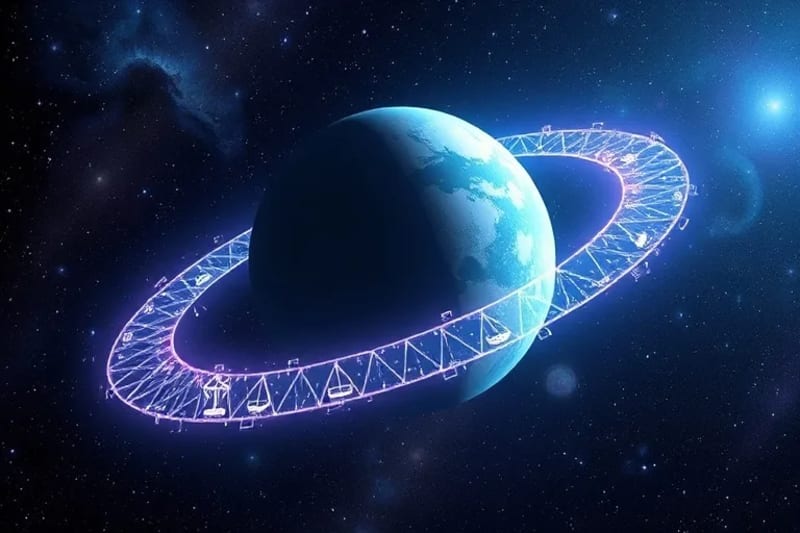 Representación abstracta de límites legales extendiéndose hacia el espacio profundo, con líneas translúcidas que forman una barrera protectora alrededor de un exoplaneta. Símbolos de justicia y cooperación se entrelazan con nebulosas y galaxias.