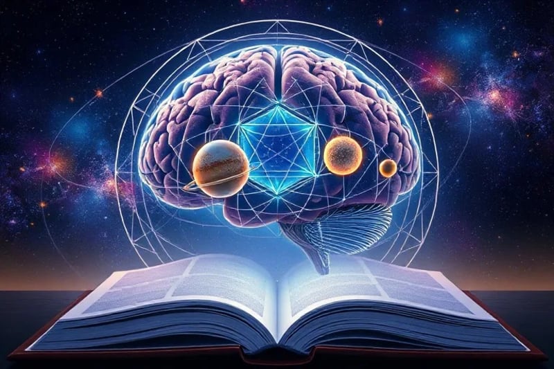 Stylized depiction of a human brain with glowing neural pathways intertwined with abstract planetary orbits and celestial bodies, resting on an open book.
