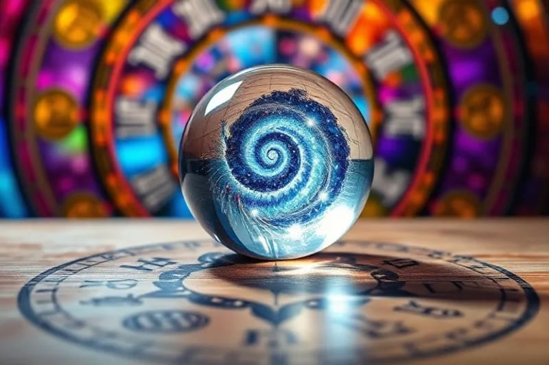 Close-up of a crystal ball reflecting a swirling galaxy, placed on a wooden surface with etched astrological symbols.