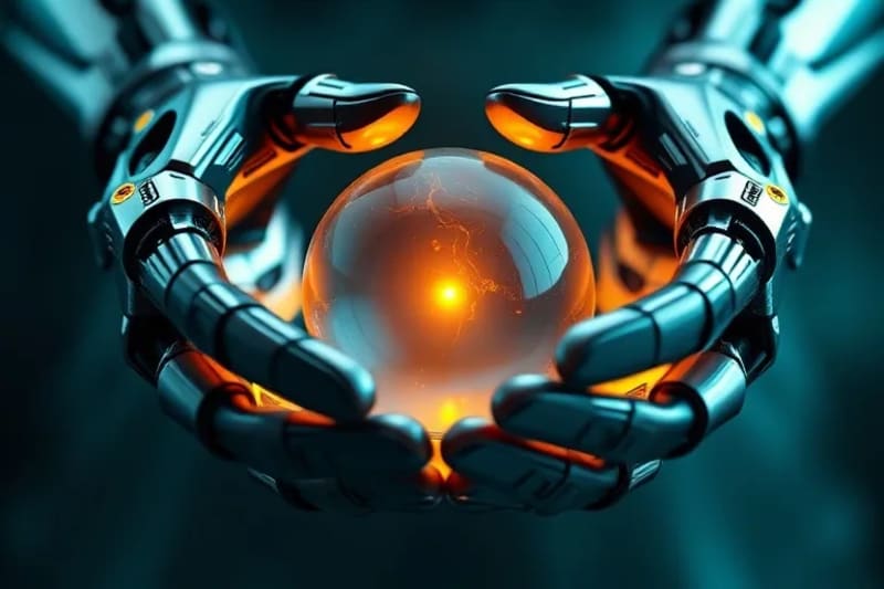 Robotic hands gently holding a glowing orb, symbolizing the delicate nature of artificial sentience and ethical responsibility.