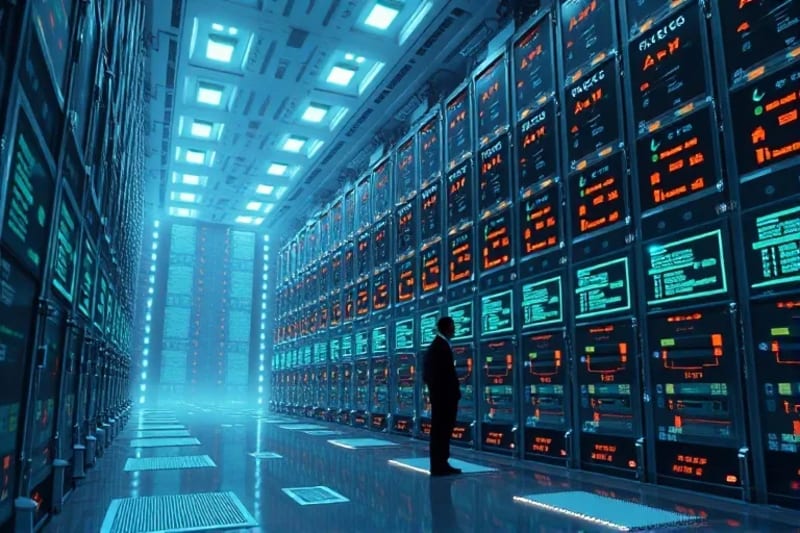 Futuristic server room with holographic displays showing code and philosophical questions, observed by a human silhouette.