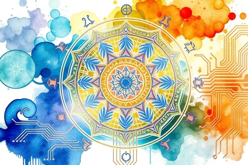 Digital circuit board patterns merging with ancient tribal symbols, representing the fusion of technology and spirituality.