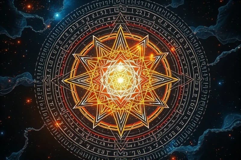 Glowing crystal orb surrounded by abstract data streams and ancient runic symbols, representing conceptual healing and transformation.