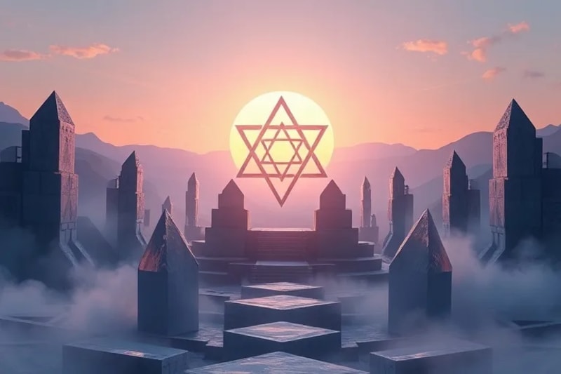Paisaje etéreo con estructuras cristalinas que reflejan luz, y una forma translúcida de Vesica Piscis o Semilla de la Vida flotando en la niebla.